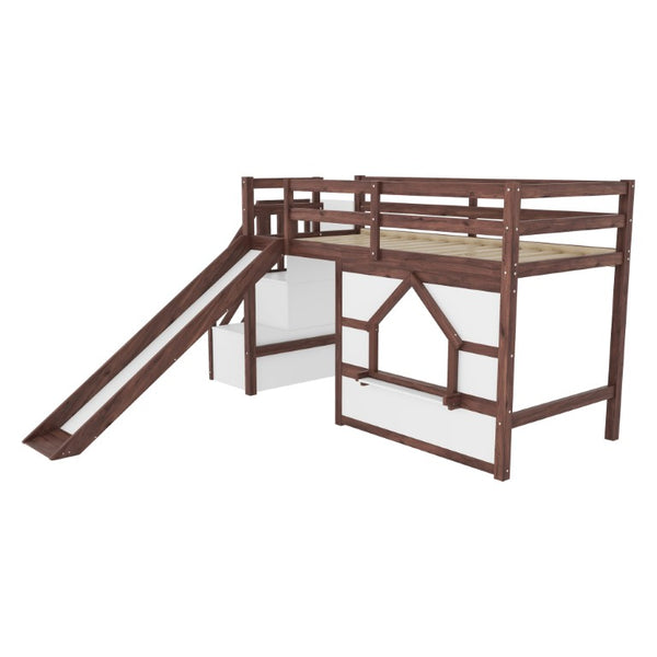 English Elm Twin Over Full Pine Bunk Bed with Playhouse Roof Slide and Storage Staircase Walnut/White 94.3 L x 91.9 W x 50.6 H W697S00051