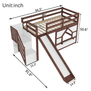 English Elm Twin Over Full Pine Bunk Bed with Playhouse Roof Slide and Storage Staircase Walnut/White 94.3 L x 91.9 W x 50.6 H W697S00051