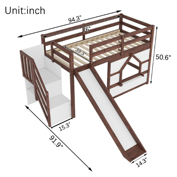 English Elm Twin Over Full Pine Bunk Bed with Playhouse Roof Slide and Storage Staircase Walnut/White 94.3 L x 91.9 W x 50.6 H W697S00051