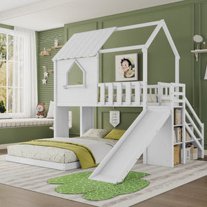 English Elm Twin Over Full Pine Bunk Bed with Playhouse Roof Slide and Storage Staircase White 95.1 L x 86 W x 94 H W697S00052