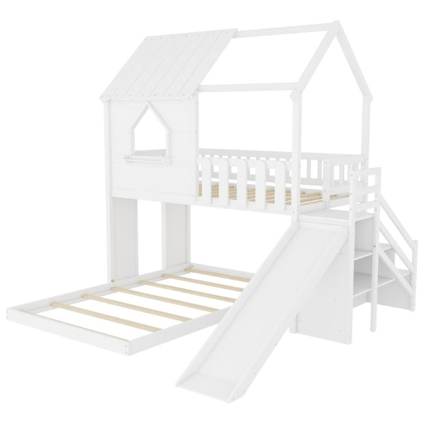 English Elm Twin Over Full Pine Bunk Bed with Playhouse Roof Slide and Storage Staircase White 95.1 L x 86 W x 94 H W697S00052