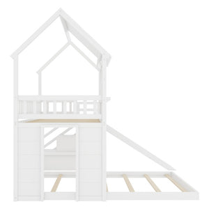 English Elm Twin Over Full Pine Bunk Bed with Playhouse Roof Slide and Storage Staircase White 95.1 L x 86 W x 94 H W697S00052