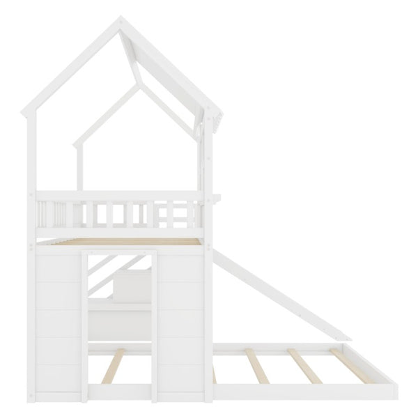 English Elm Twin Over Full Pine Bunk Bed with Playhouse Roof Slide and Storage Staircase White 95.1 L x 86 W x 94 H W697S00052
