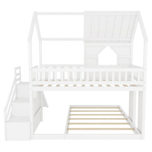 English Elm Twin Over Full Pine Bunk Bed with Playhouse Roof Slide and Storage Staircase White 95.1 L x 86 W x 94 H W697S00052