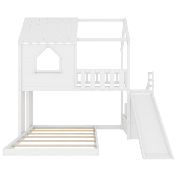 English Elm Twin Over Full Pine Bunk Bed with Playhouse Roof Slide and Storage Staircase White 95.1 L x 86 W x 94 H W697S00052