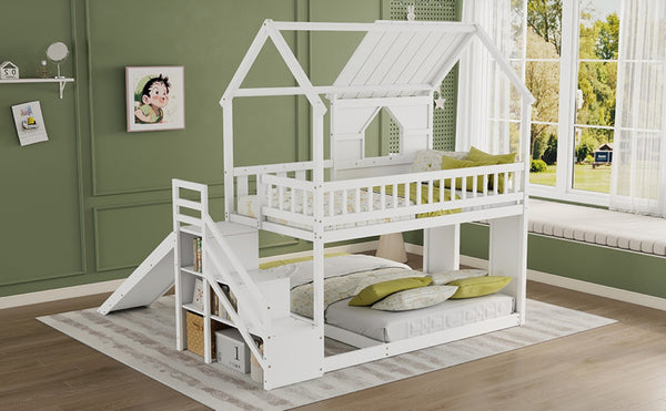 English Elm Twin Over Full Pine Bunk Bed with Playhouse Roof Slide and Storage Staircase White 95.1 L x 86 W x 94 H W697S00052