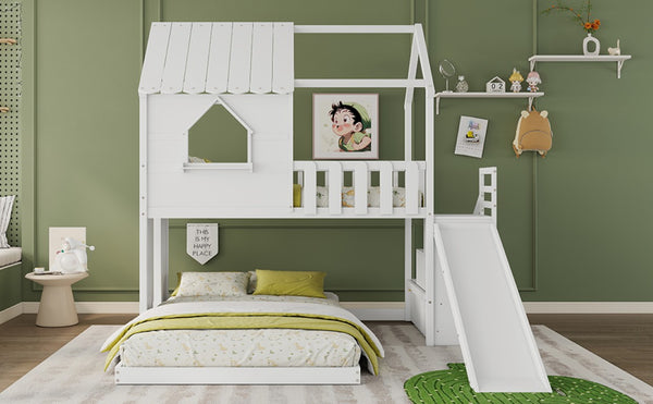 English Elm Twin Over Full Pine Bunk Bed with Playhouse Roof Slide and Storage Staircase White 95.1 L x 86 W x 94 H W697S00052