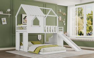 English Elm Twin Over Full Pine Bunk Bed with Playhouse Roof Slide and Storage Staircase White 95.1 L x 86 W x 94 H W697S00052