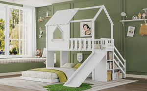English Elm Twin Over Full Pine Bunk Bed with Playhouse Roof Slide and Storage Staircase White 95.1 L x 86 W x 94 H W697S00052
