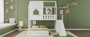 English Elm Twin Over Full Pine Bunk Bed with Playhouse Roof Slide and Storage Staircase White 95.1 L x 86 W x 94 H W697S00052