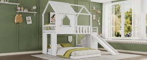 English Elm Twin Over Full Pine Bunk Bed with Playhouse Roof Slide and Storage Staircase White 95.1 L x 86 W x 94 H W697S00052