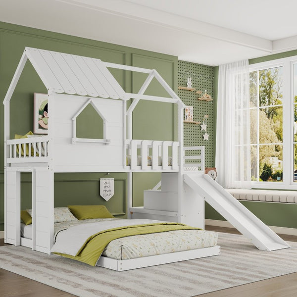 English Elm Twin Over Full Pine Bunk Bed with Playhouse Roof Slide and Storage Staircase White 95.1 L x 86 W x 94 H W697S00052