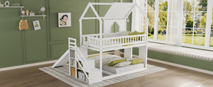 English Elm Twin Over Full Pine Bunk Bed with Playhouse Roof Slide and Storage Staircase White 95.1 L x 86 W x 94 H W697S00052