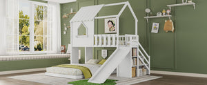 English Elm Twin Over Full Pine Bunk Bed with Playhouse Roof Slide and Storage Staircase White 95.1 L x 86 W x 94 H W697S00052