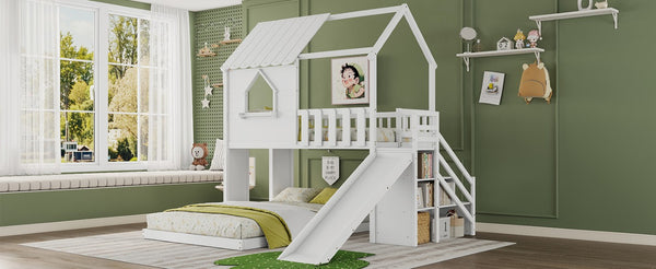 English Elm Twin Over Full Pine Bunk Bed with Playhouse Roof Slide and Storage Staircase White 95.1 L x 86 W x 94 H W697S00052