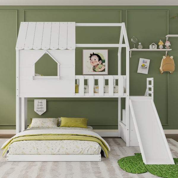 English Elm Twin Over Full Pine Bunk Bed with Playhouse Roof Slide and Storage Staircase White 95.1 L x 86 W x 94 H W697S00052