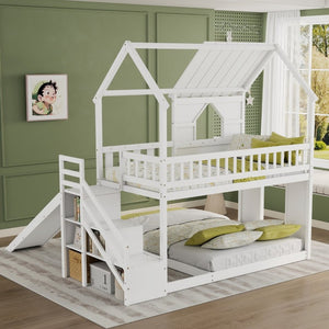 English Elm Twin Over Full Pine Bunk Bed with Playhouse Roof Slide and Storage Staircase White 95.1 L x 86 W x 94 H W697S00052