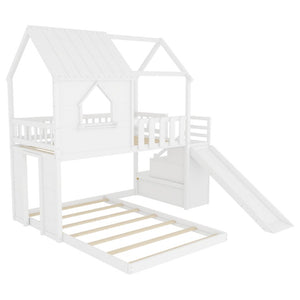 English Elm Twin Over Full Pine Bunk Bed with Playhouse Roof Slide and Storage Staircase White 95.1 L x 86 W x 94 H W697S00052