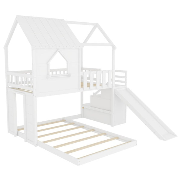 English Elm Twin Over Full Pine Bunk Bed with Playhouse Roof Slide and Storage Staircase White 95.1 L x 86 W x 94 H W697S00052