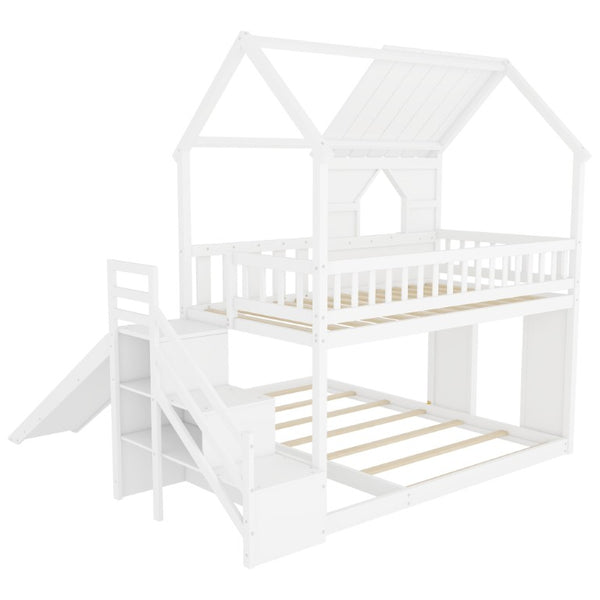 English Elm Twin Over Full Pine Bunk Bed with Playhouse Roof Slide and Storage Staircase White 95.1 L x 86 W x 94 H W697S00052