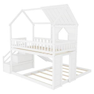 English Elm Twin Over Full Pine Bunk Bed with Playhouse Roof Slide and Storage Staircase White 95.1 L x 86 W x 94 H W697S00052