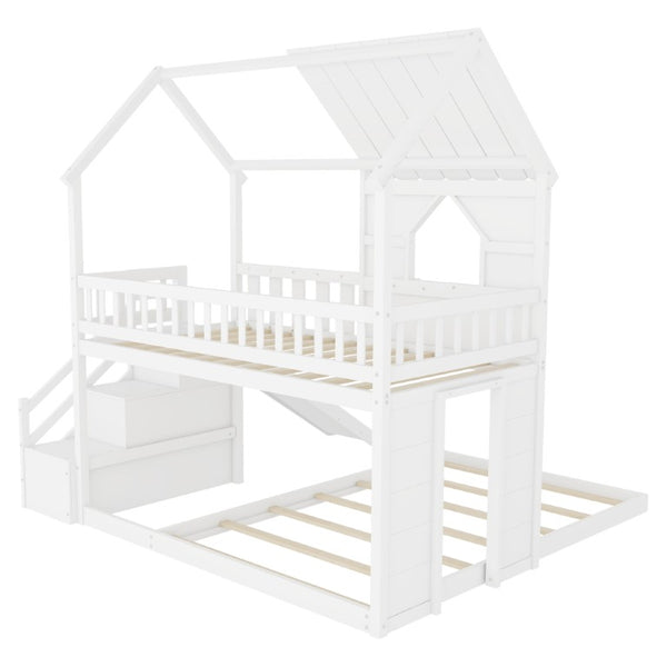 English Elm Twin Over Full Pine Bunk Bed with Playhouse Roof Slide and Storage Staircase White 95.1 L x 86 W x 94 H W697S00052