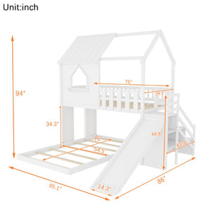 English Elm Twin Over Full Pine Bunk Bed with Playhouse Roof Slide and Storage Staircase White 95.1 L x 86 W x 94 H W697S00052