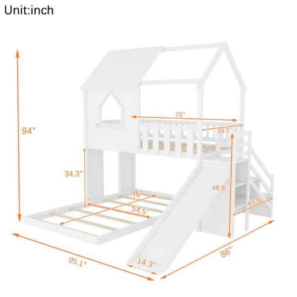 English Elm Twin Over Full Pine Bunk Bed with Playhouse Roof Slide and Storage Staircase White 95.1 L x 86 W x 94 H W697S00052