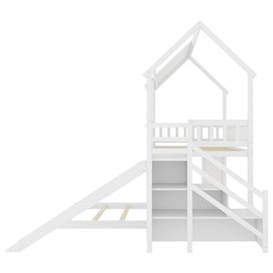 English Elm Twin Over Full Pine Bunk Bed with Playhouse Roof Slide and Storage Staircase White 95.1 L x 86 W x 94 H W697S00052
