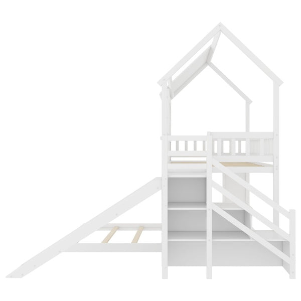 English Elm Twin Over Full Pine Bunk Bed with Playhouse Roof Slide and Storage Staircase White 95.1 L x 86 W x 94 H W697S00052