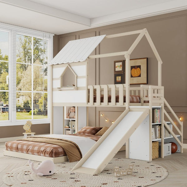 English Elm Kids Pine Wood Twin Loft Bed with Slide Playhouse Window and LED Strip Lights Beige, White - B W697S00053