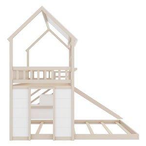 English Elm Kids Pine Wood Twin Loft Bed with Slide Playhouse Window and LED Strip Lights Beige, White - B W697S00053