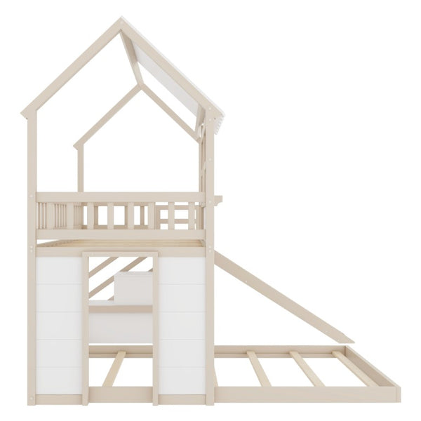 English Elm Kids Pine Wood Twin Loft Bed with Slide Playhouse Window and LED Strip Lights Beige, White - B W697S00053