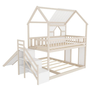 English Elm Kids Pine Wood Twin Loft Bed with Slide Playhouse Window and LED Strip Lights Beige, White - B W697S00053