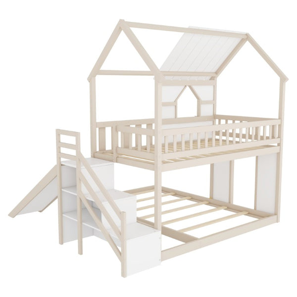 English Elm Kids Pine Wood Twin Loft Bed with Slide Playhouse Window and LED Strip Lights Beige, White - B W697S00053