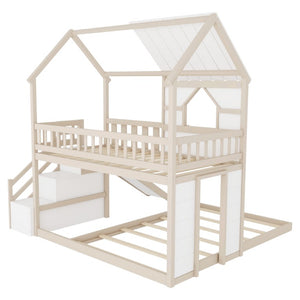 English Elm Kids Pine Wood Twin Loft Bed with Slide Playhouse Window and LED Strip Lights Beige, White - B W697S00053