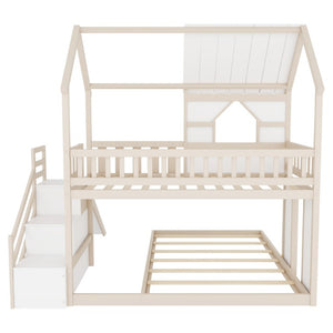English Elm Kids Pine Wood Twin Loft Bed with Slide Playhouse Window and LED Strip Lights Beige, White - B W697S00053