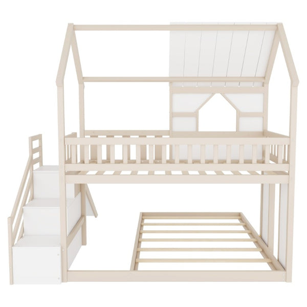 English Elm Kids Pine Wood Twin Loft Bed with Slide Playhouse Window and LED Strip Lights Beige, White - B W697S00053