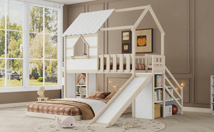English Elm Kids Pine Wood Twin Loft Bed with Slide Playhouse Window and LED Strip Lights Beige, White - B W697S00053
