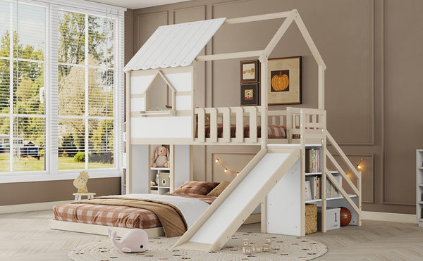 English Elm Kids Pine Wood Twin Loft Bed with Slide Playhouse Window and LED Strip Lights Beige, White - B W697S00053