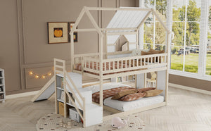English Elm Kids Pine Wood Twin Loft Bed with Slide Playhouse Window and LED Strip Lights Beige, White - B W697S00053