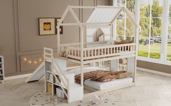 English Elm Kids Pine Wood Twin Loft Bed with Slide Playhouse Window and LED Strip Lights Beige, White - B W697S00053