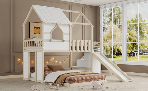 English Elm Kids Pine Wood Twin Loft Bed with Slide Playhouse Window and LED Strip Lights Beige, White - B W697S00053