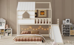 English Elm Kids Pine Wood Twin Loft Bed with Slide Playhouse Window and LED Strip Lights Beige, White - B W697S00053