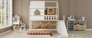 English Elm Kids Pine Wood Twin Loft Bed with Slide Playhouse Window and LED Strip Lights Beige, White - B W697S00053