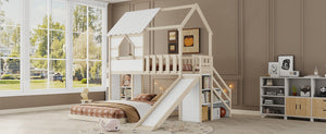 English Elm Kids Pine Wood Twin Loft Bed with Slide Playhouse Window and LED Strip Lights Beige, White - B W697S00053