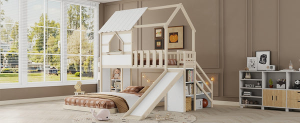 English Elm Kids Pine Wood Twin Loft Bed with Slide Playhouse Window and LED Strip Lights Beige, White - B W697S00053