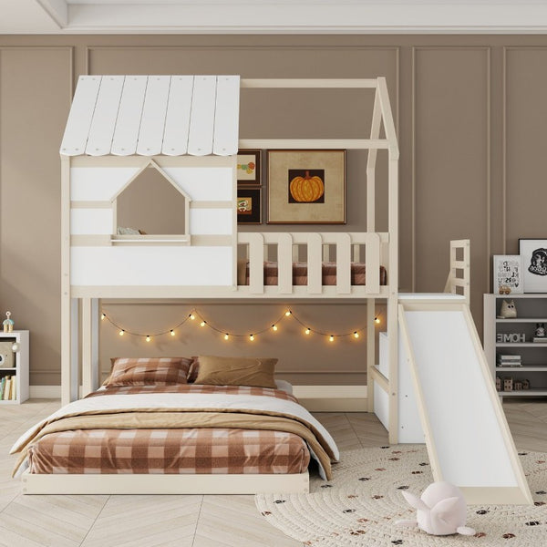 English Elm Kids Pine Wood Twin Loft Bed with Slide Playhouse Window and LED Strip Lights Beige, White - B W697S00053