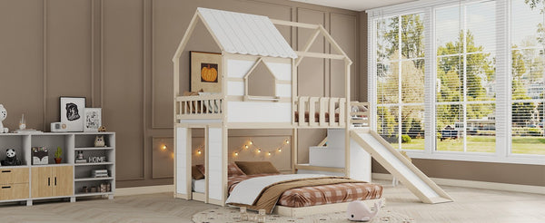 English Elm Kids Pine Wood Twin Loft Bed with Slide Playhouse Window and LED Strip Lights Beige, White - B W697S00053