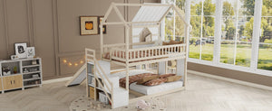 English Elm Kids Pine Wood Twin Loft Bed with Slide Playhouse Window and LED Strip Lights Beige, White - B W697S00053